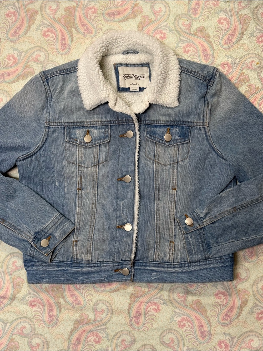 Boutique Distressed Denim Jacket with Cozy White Sherpa Lining